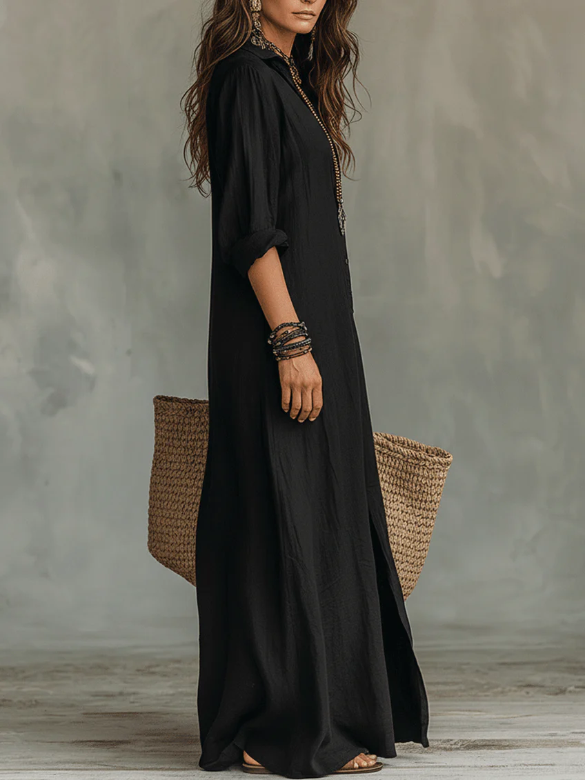 Soline™ | Rochie Maxi Neagră Lungă cu Butoane