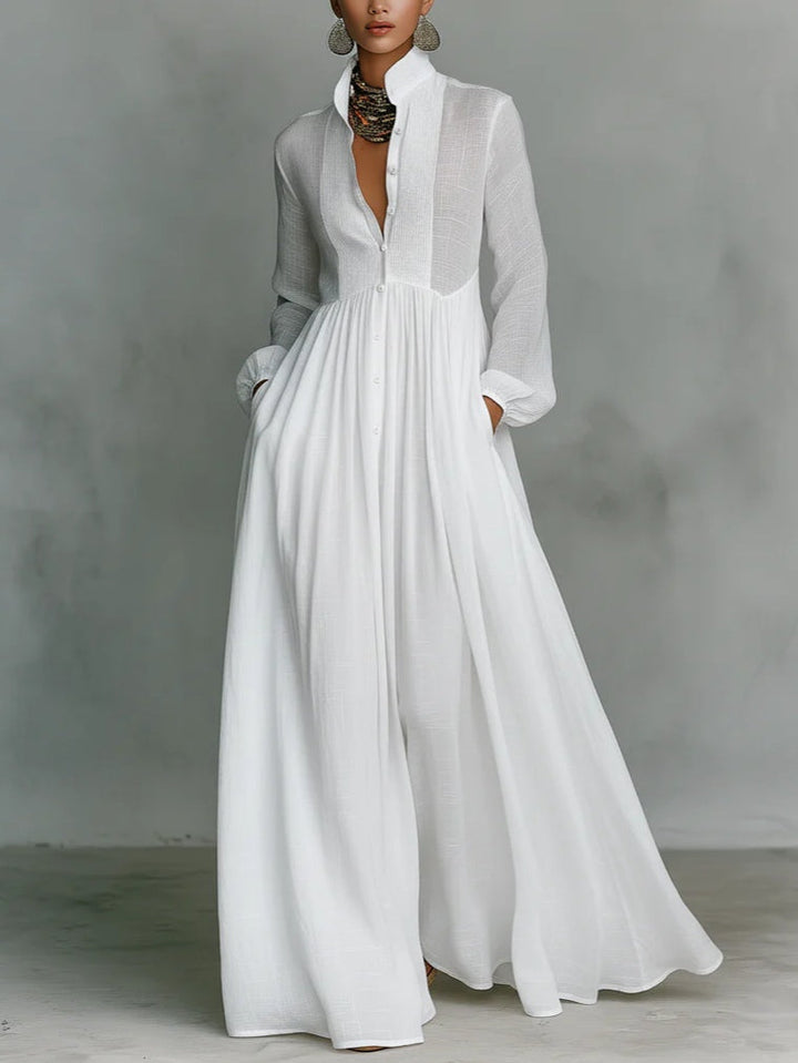 Léonie™ | Rochie Maxi Minimalistă cu Guler Înalt